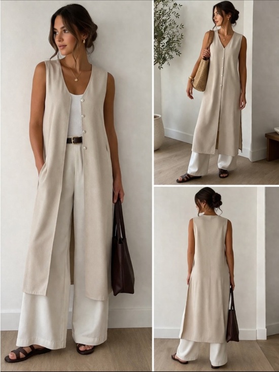 Wallis Tops - Wallis Long Crepe Vest Duster Minimalist Sleeveless Cardigan Neutral Capsule